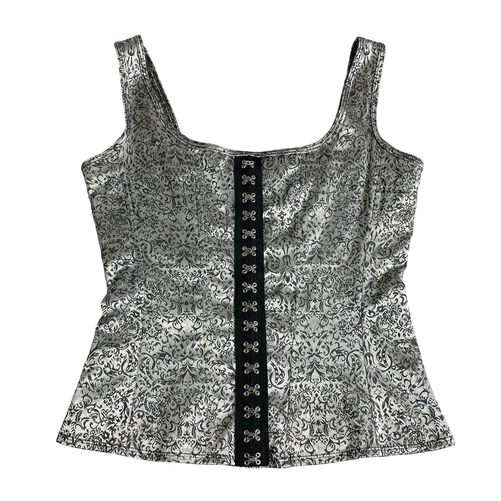 Vintage Y2K Super Low Fat Silver Damask Corset Top Womens L Goth Busk Hook USA